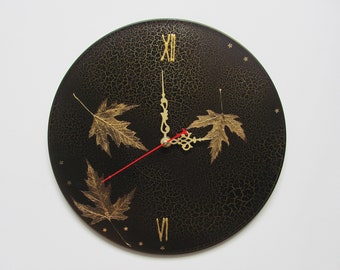 Round black wall clock with real maple leaves clock art decorative clock for wall hanging clock with second hand