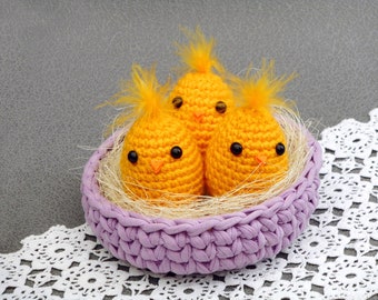 Easter chicken basket bird nest spring decor table centerpiece yellow chicken purple basket