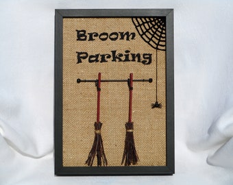 Witch broom parking sign burlap wall art witchy wall sign vertical wall décor black spider Halloween wall hanging entryway décor