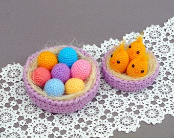 Easter eggs and Easter chicken baskets eggs chick baskets pastel color eggs yellow chicken purple basket bird nest spring holiday decor