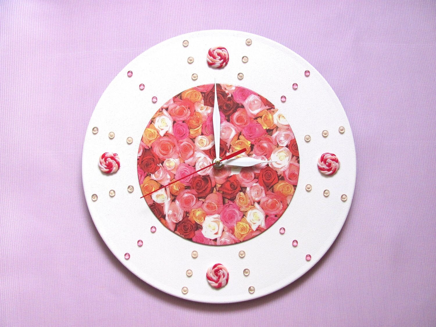 Wall clock pink white flower clock silent wall clocks gift for Etsy