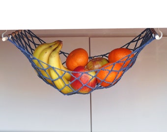 Dark blue fruit hammock under cabinet kitchen food storage hanging fruit basket space saving solutions