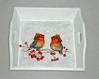 White table top tray with bullfinches square serving tray with handles tea coffee tray Christmas gift for couple