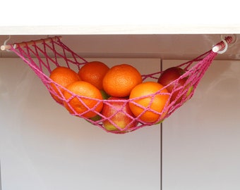 Pink fruit hammock under the cabinet mesh fruit basket space saver storage fruit and vegetable hammock banana holder net for camper van