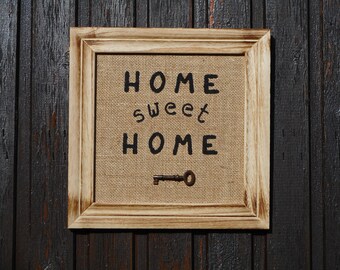 Framed Burlap Home Sweet Home Sign: Rustic Wall Decor with Vintage Key