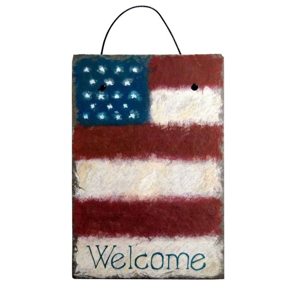 Stars and Stripes Primitive  Americana 18-Star American Flag Chalk Art Painted Welcome Sign on 8 by 12 Inch Slate Board