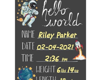Cohas Hello World Newborn Baby Announcement Chalkboard Sign with Space Theme, Select from Three Sizes, Optional Chalk Markers