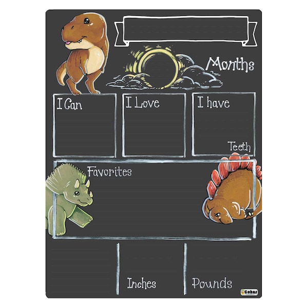 Cohas Monthly Baby Milestone Board with Dinosaur Theme, Reusable Chalkboard Style Surface, Two Sizes, Optional Chalk Markers