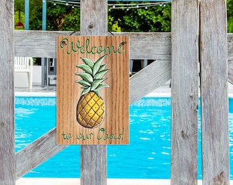 Cohas Custom Hanging Welcome Signs for Summer with Personalized Text and Faux Wood Background, Optional Seasonal Image and Custom Font