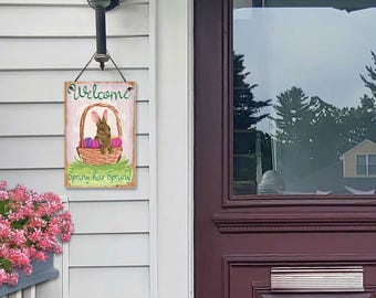 Cohas Custom Hanging Welcome Signs for Spring with Personalized Text and Faux Wood Background, Optional Seasonal Image and Custom Font
