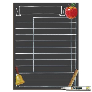 May include: Black chalkboard with a white banner at the top, a red apple, a white bell, and a white ruler. The chalkboard is divided into sections with white lines. The text "Cohas" is written in white on a black marker.
