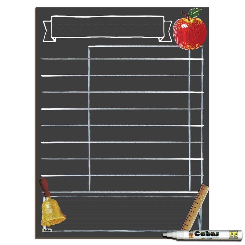 May include: Black chalkboard with a white banner at the top, a red apple, a white bell, and a white ruler. The chalkboard is divided into sections with white lines. The text "Cohas" is written in white on a black marker.