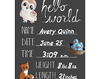 Cohas Hello World Newborn Baby Announcement Chalkboard Sign with Woodland Theme, Select from Three Sizes, Optional Chalk Markers