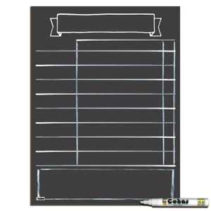 May include: A black chalkboard with a white banner at the top, a grid of lines, and a blank space at the bottom. The chalkboard is framed in wood and has a white marker on the bottom right.