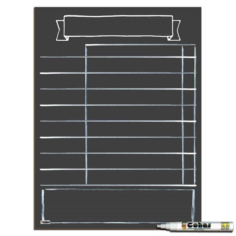 May include: A black chalkboard with a white banner at the top, a grid of lines, and a blank space at the bottom. The chalkboard is framed in wood and has a white marker on the bottom right.
