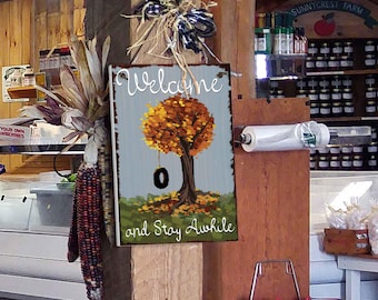 Cohas Custom Hanging Welcome Signs for Fall with Personalized Text and Faux Dark Wood Background, Optional Seasonal Image and Custom Font