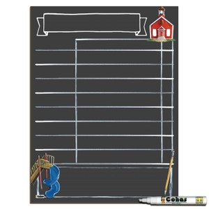 May include: Black chalkboard with a white banner at the top, a red schoolhouse illustration, and a white chalk marker. The chalkboard has white lines drawn on it to create a grid.