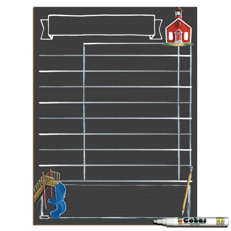 May include: Black chalkboard with a white banner at the top, a red schoolhouse illustration, and a white chalk marker. The chalkboard has white lines drawn on it to create a grid.