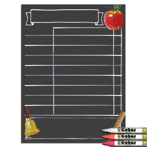 May include: Black chalkboard with a white banner, a red apple, a white bell, and a white ruler. The chalkboard is divided into sections with white lines. Three white dry-erase markers are in the bottom right corner.