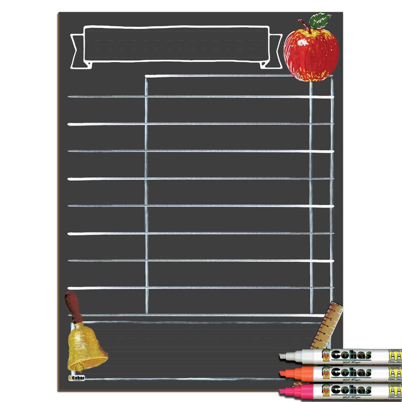 May include: Black chalkboard with a white banner, a red apple, a white bell, and a white ruler. The chalkboard is divided into sections with white lines. Three white dry-erase markers are in the bottom right corner.