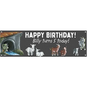 Cohas Three Billy Goats Gruff Theme Happy Birthday Banner with Metal Hanging Rings, Optional Chalk Markers or Custom Printing
