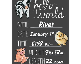Cohas Hello World Newborn Baby Announcement Chalkboard Sign with Farm Theme, Select from Three Sizes, Optional Chalk Markers