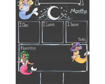 Cohas Monthly Baby Milestone Board with Mermaid Theme, Reusable Chalkboard Style Surface, Two Sizes, Optional Chalk Markers