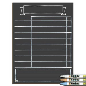 May include: Black chalkboard with a white banner at the top, a grid of lines, and a blank space at the bottom. Three white dry-erase markers are included.