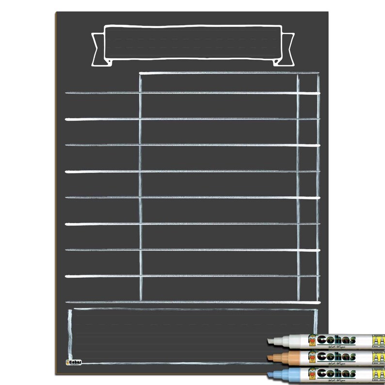 May include: Black chalkboard with a white banner at the top, a grid of lines, and a blank space at the bottom. Three white dry-erase markers are included.