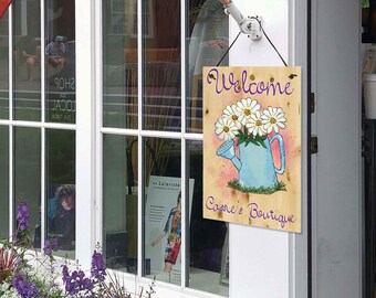 Cohas Custom Hanging Welcome Signs for Spring with Personalized Text and Faux Light Wood Background, Optional Seasonal Image and Custom Font