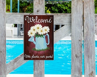 Cohas Custom Hanging Welcome Signs for Spring with Personalized Text and Faux Dark Wood Background, Optional Seasonal Image and Custom Font