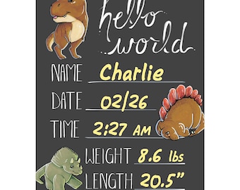 Cohas Hello World Newborn Baby Announcement Chalkboard Sign with Dinosaur Theme, Select from Three Sizes, Optional Chalk Markers
