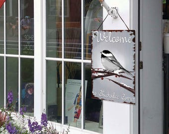 Cohas Custom Hanging Welcome Signs for Winter with Personalized Text and Faux Dark Wood Background, Optional Seasonal Image and Custom Font