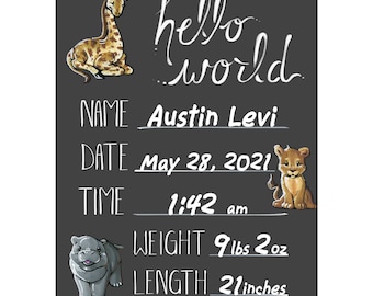 Cohas Hello World Newborn Baby Announcement Chalkboard Sign with Safari Theme, Select from Three Sizes, Optional Chalk Markers
