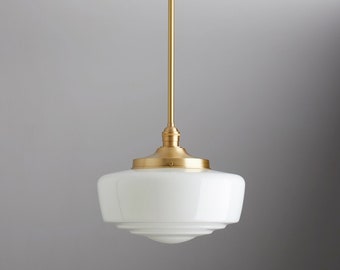 Large White Glass - Mid century modern - pendant lighting - hand blown glass - ceiling fixture - brass light - ceiling light