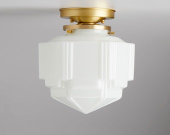 Art Deco - flush mount - ceiling fixture -  skyscraper -  Brass light fixture - White  glass