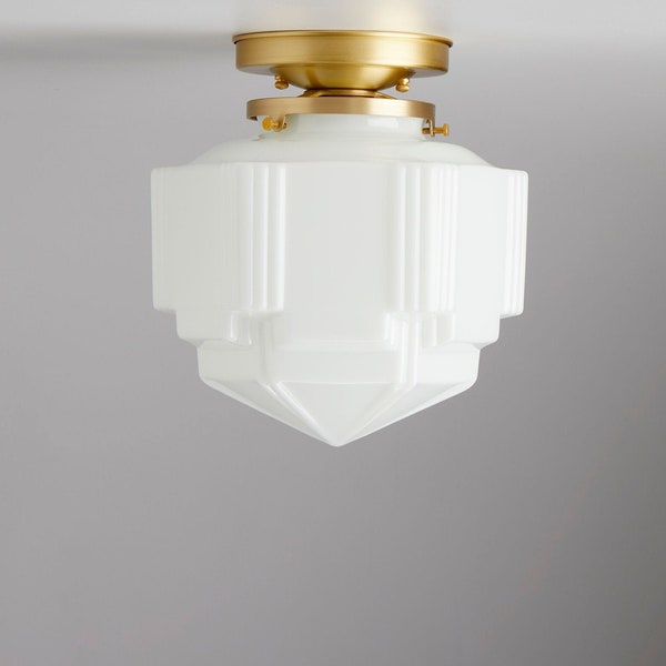 Art Deco - flush mount - ceiling fixture -  skyscraper -  Brass light fixture - White  glass