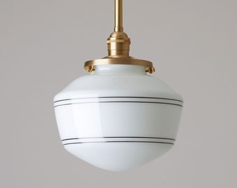 8" Schoolhouse lighting - Handpainted Lines - Pendant fixture - Down rod pendant - Brass Light Fixture