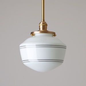 8" Schoolhouse lighting - Handpainted Lines - Pendant fixture - Down rod pendant - Brass Light Fixture
