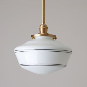 Striped 10" Hand blown Schoolhouse Lighting - Kitchen lighting - Brass fixture - Hand-painted black lines