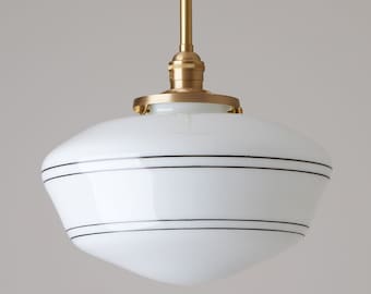 Handpainted Lines - 12" White Schoolhouse  - Striped White Handblown Glass - Pendant/Downrod Light Fixture *handblown glass, made in America