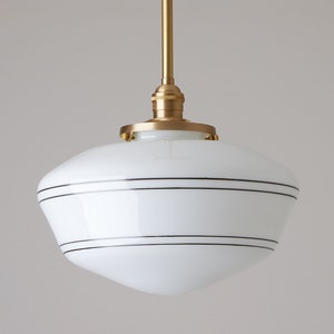 Handpainted Lines - 12" White Schoolhouse  - Striped White Handblown Glass - Pendant/Downrod Light Fixture *handblown glass, made in America