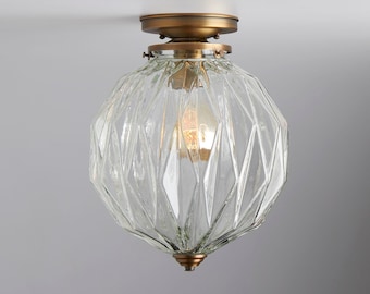 Mid century modern - ceiling light - flush mount brass light - clear glass semi flush fixture - handblown glass made in the USA