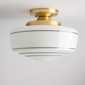 Painted lines - Striped White Glass - Mid Century Modern Lighting - Schoolhouse Style Milk Glass - Flush Mount