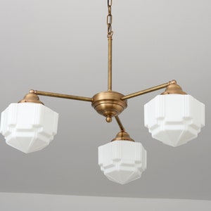 Historic Style Chandelier - White Glass - Brass Lighting - Dining Room Light - Art Deco Shades