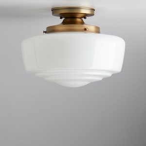 Large White/Milk Glass Schoolhouse Style Glass Shade Flush Mount Fixture image 1