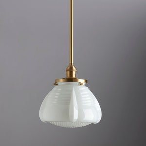 Vintage White Glass - Mid century modern - pendant lighting - hand blown glass - ceiling fixture - brass light - ceiling light