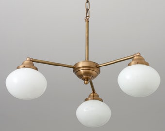 Historic Style Chandelier - White Glass - Brass Lighting - Dining Room Light - Rounded Glass Globe