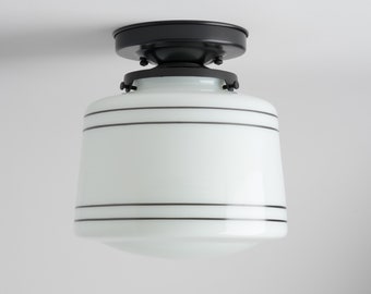 Hand Painted Lines - Striped Schoolhouse White Drum Flush Mount Light Fixture ** handblown glass, made in the USA **