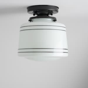 Hand Painted Lines - Striped Schoolhouse White Drum Flush Mount Light Fixture ** handblown glass, made in the USA **